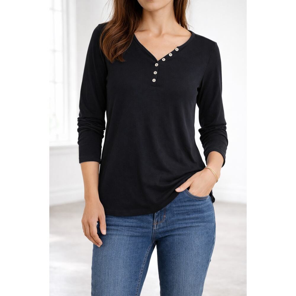 Black Long Sleeve Henley Top Rayon Blend Stretch Size L